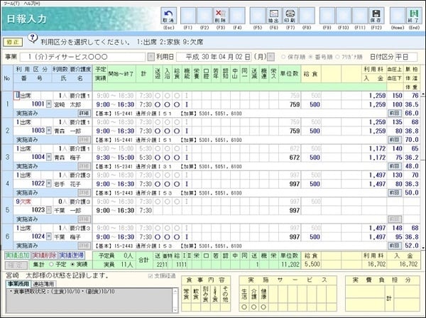 デイサービスの予定・実績・請求を管理。介護保険、障がい支援、独自事業に対応可能